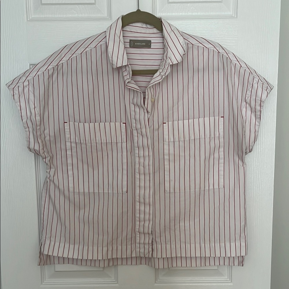 Everlane white and Red Striped Boxy Button-Up Blouse